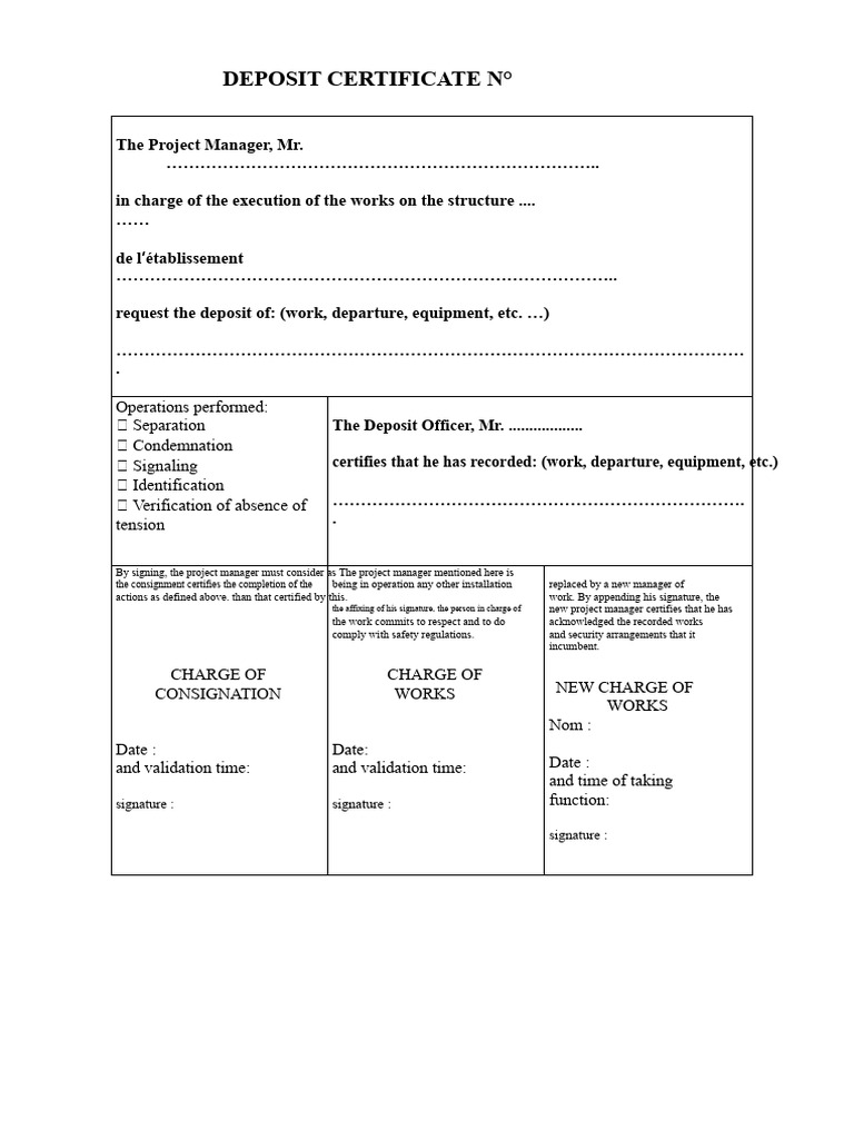 Deposit Certificate and Work Handover Form | PDF
