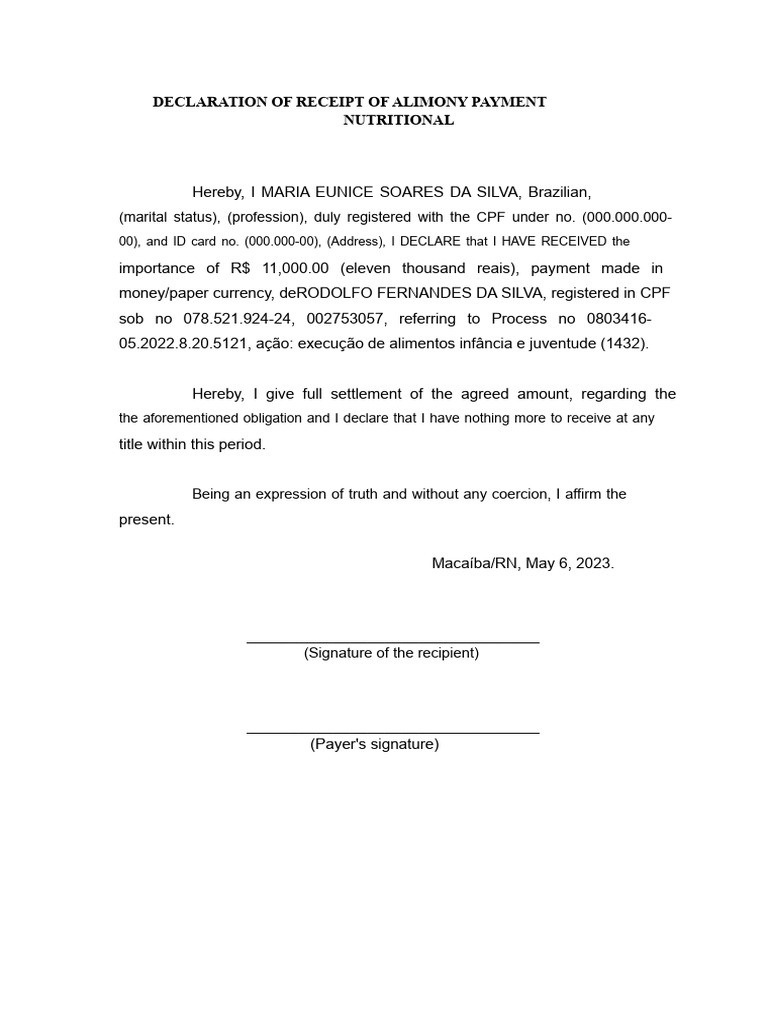 DECLARATION OF RECEIPT OF ALIMONY PAYMENT | PDF