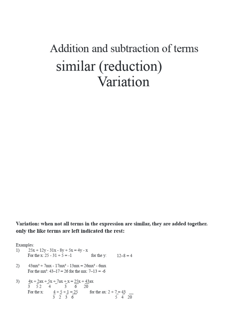 Addition and Subtraction of Like Terms (Reduction | PDF
