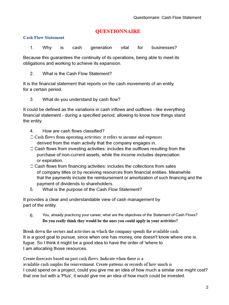 Cash Flow Statement Questionnaire Guide | PDF | Cash Flow Statement ...