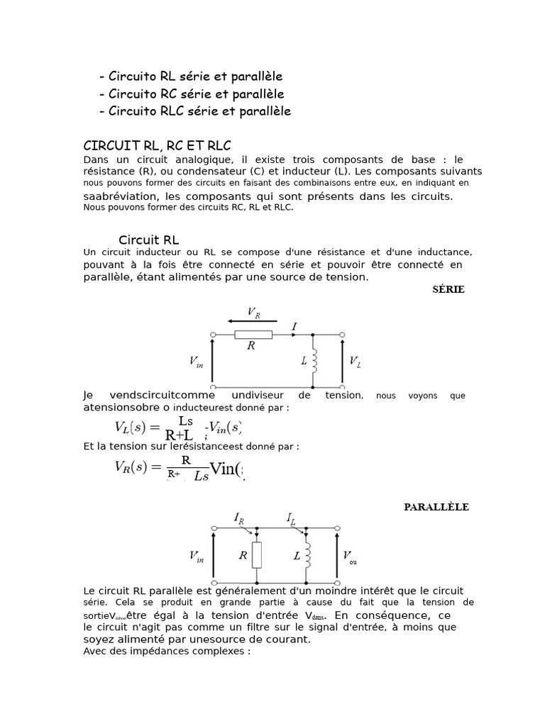 Circuits RL, RC et RLC : Configurations et Fonctions | PDF ...