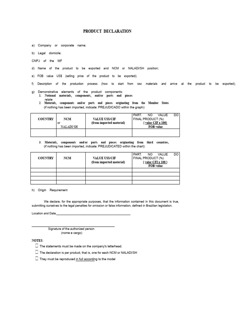 Product Export Declaration Template | PDF