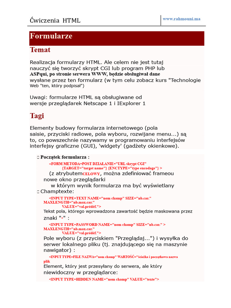 10 - Ćwiczenia HTML Formularze | PDF