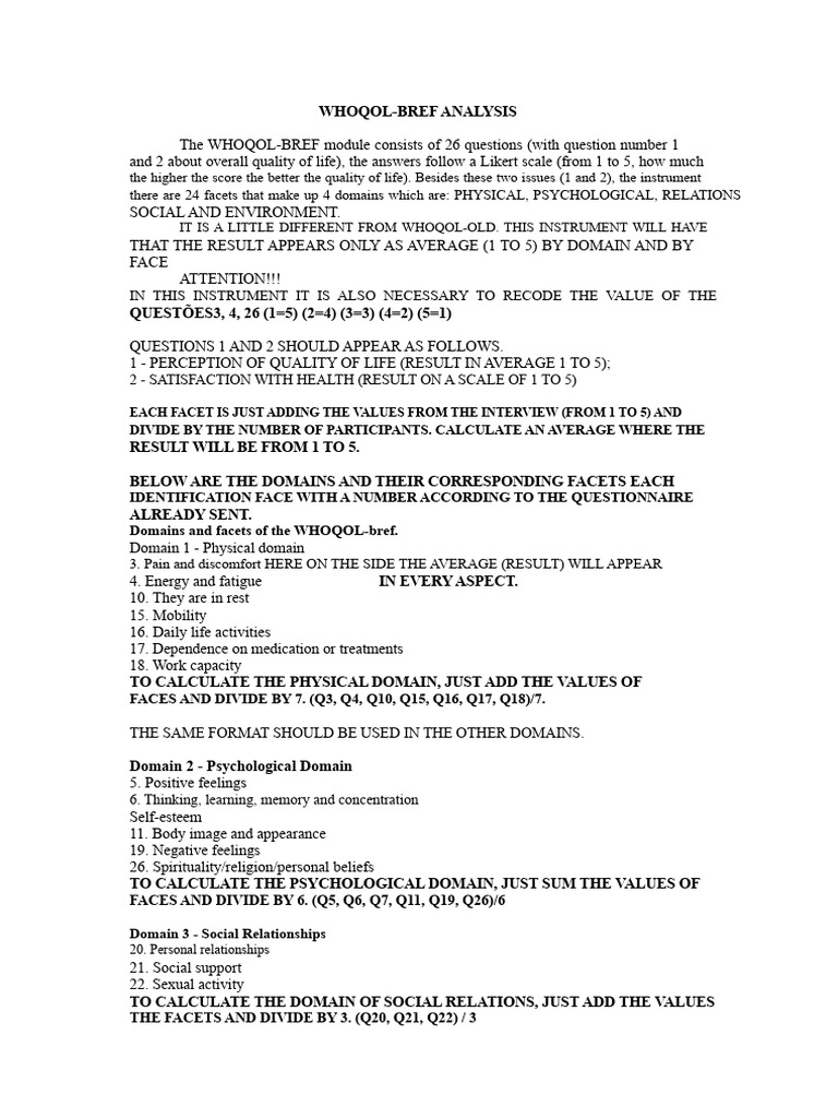 WHOQOL-BREF Quality of Life Assessment | PDF | Psychology ...
