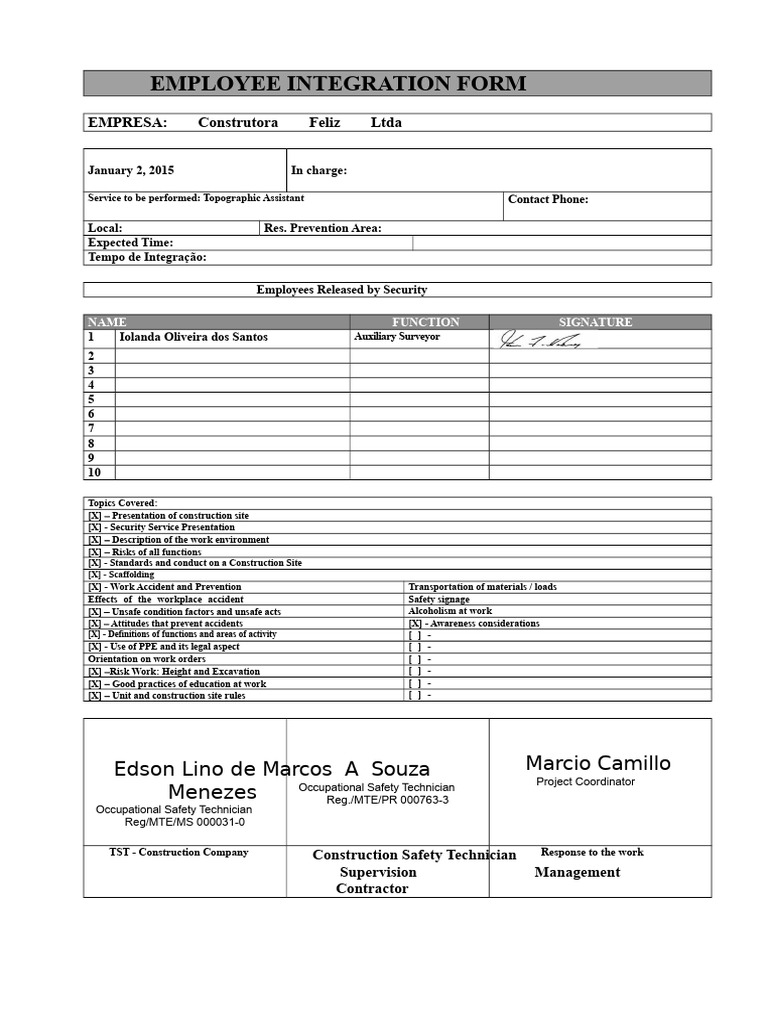 Integration Form | PDF | Occupational Safety And Health | Safety