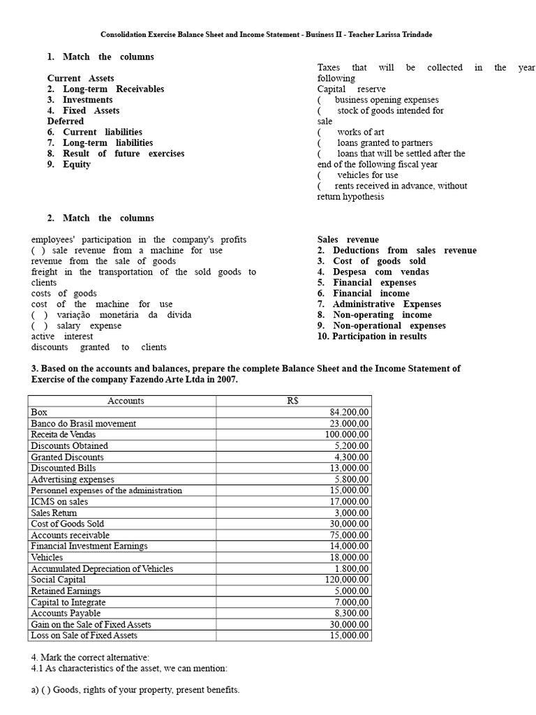 Exercises for Consolidation: Balance Sheet and Income Statement | PDF ...