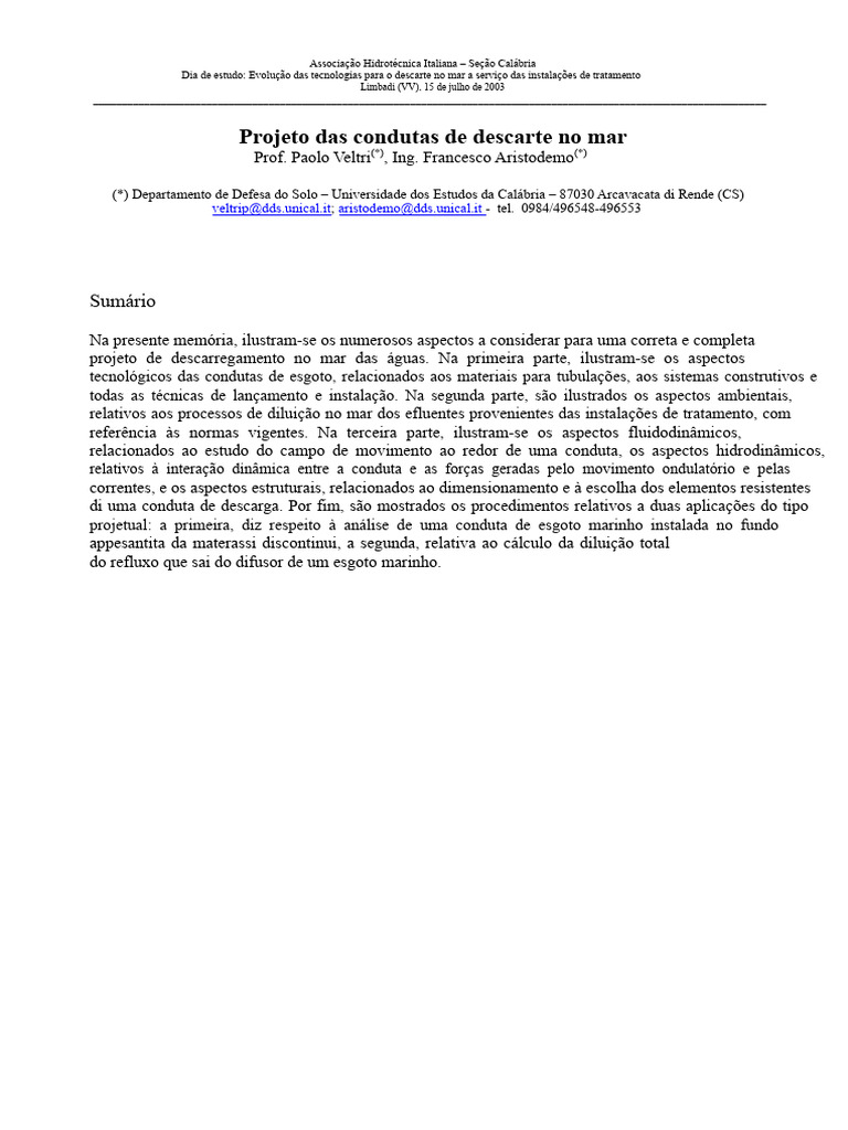 Projeto das Condutas de Esgoto Marítimo | PDF | Águas residuais | Mar