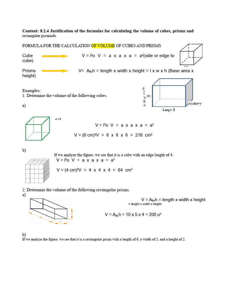 Volume Formulas for Cubes, Prisms, Pyramids | PDF | Volume | Length