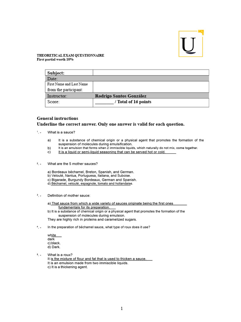 Theoretical Exam Questionnaire, Cold Kitchen | PDF | Sauce | Stock (Food)