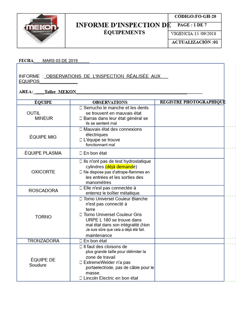 Rapport d'Inspection des Équipements | PDF | Ingénierie mécanique