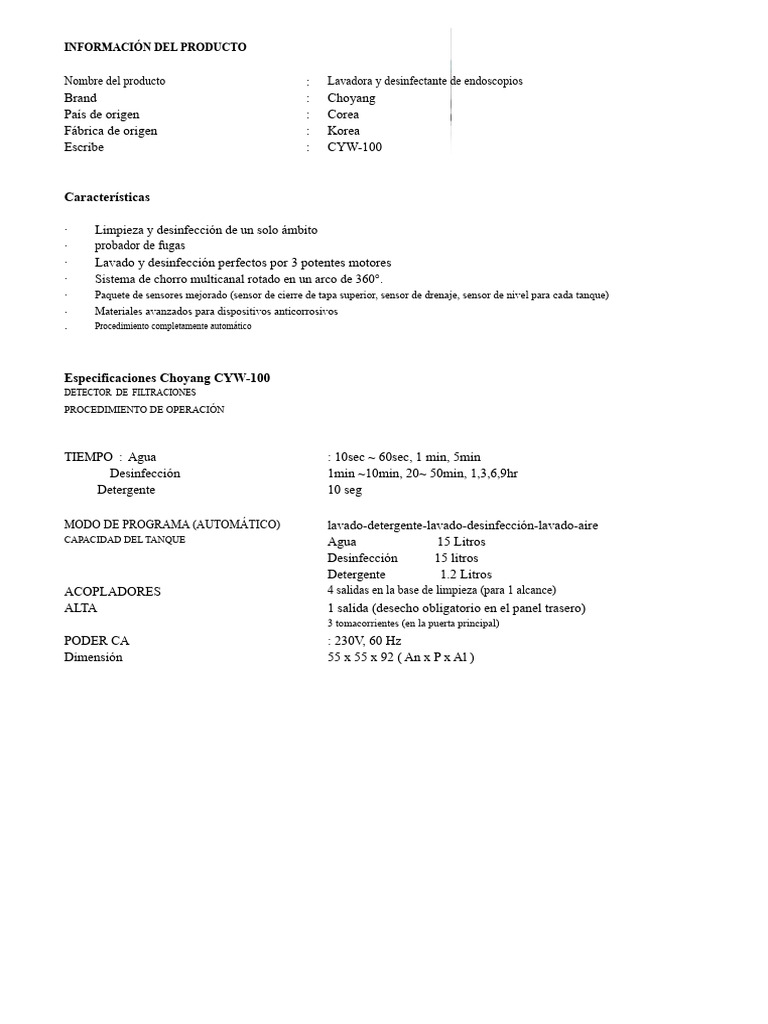 Lavadora Desinfectante Endoscopios CYW-100 | PDF
