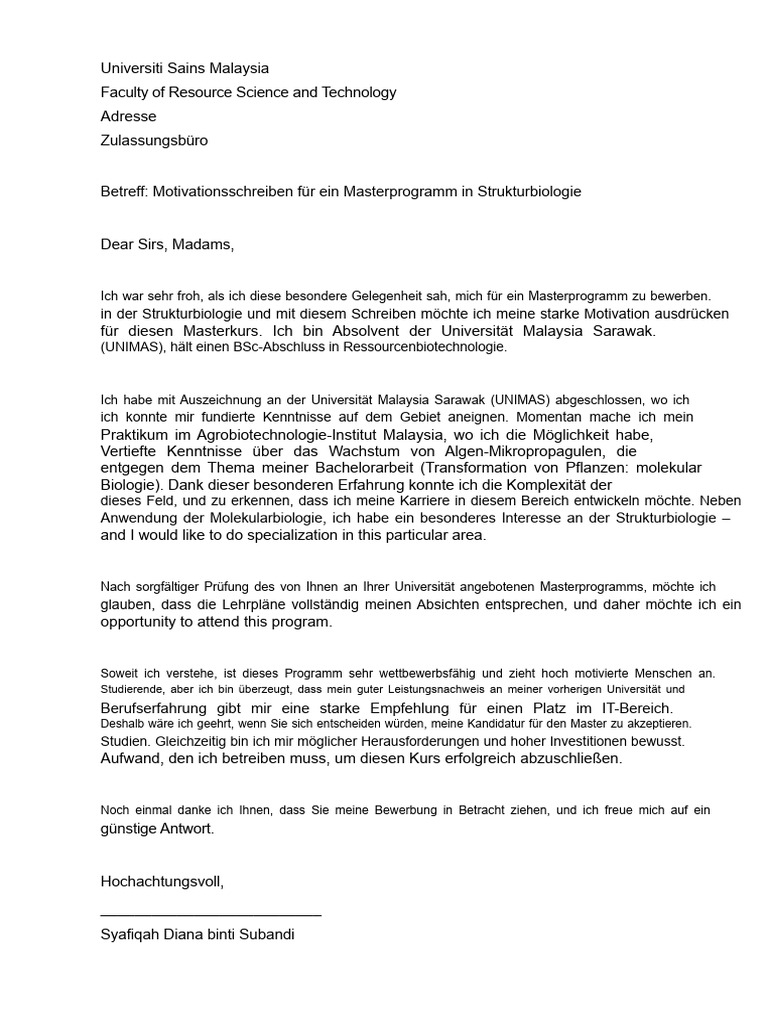 Motivationsschreiben Für Das Masterprogramm | PDF