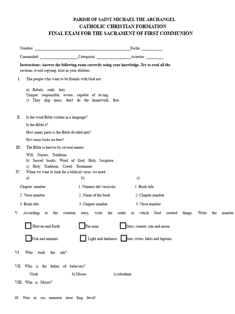 First Communion Exam for Catholic Students | PDF | Sacraments | Penance
