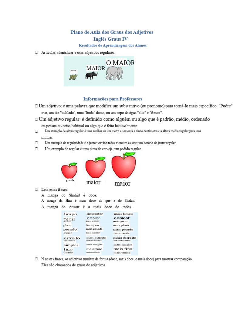 Graus dos Adjetivos em Inglês: Aula IV | PDF | Adjetivo | Famílias ...