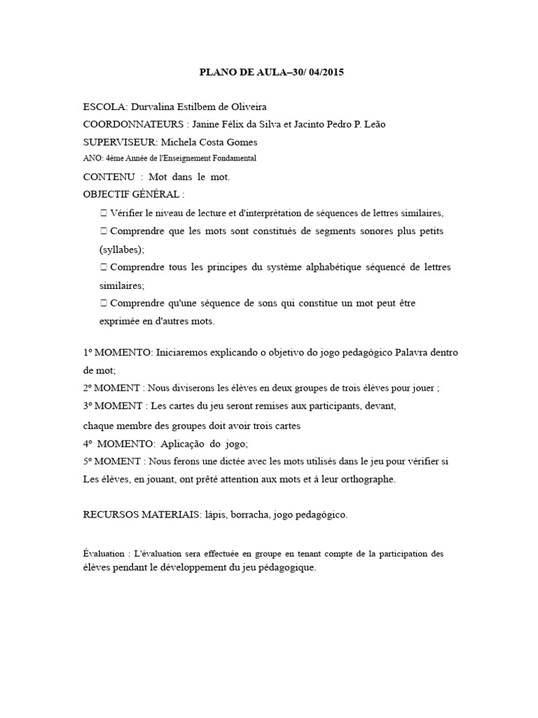 Plan de cours : Jeu pédagogique de mots | PDF