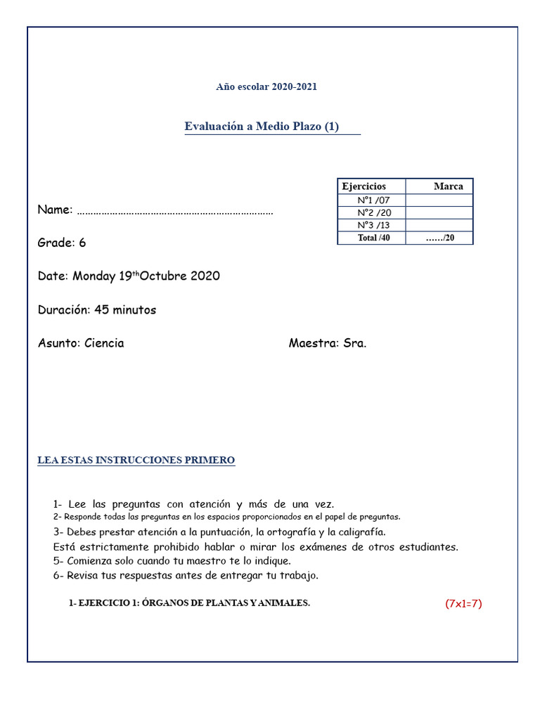 Evaluación de Medio Término Término 1 Grado 6 Ciencias Papel 1 | PDF ...