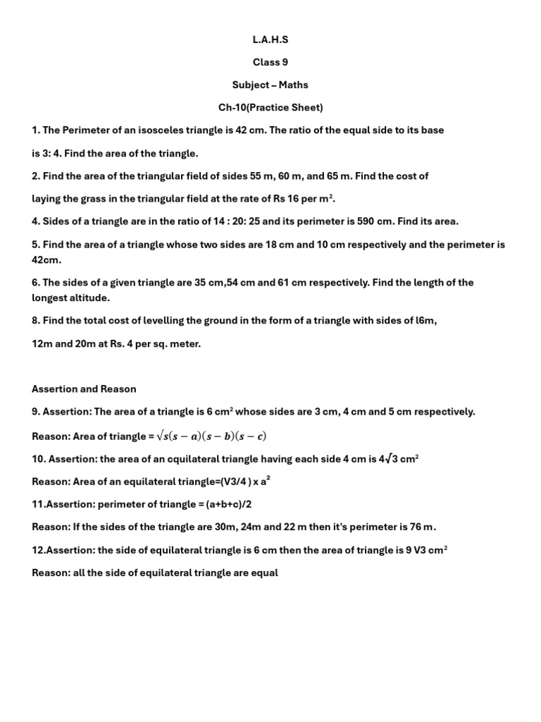 Class 9 Maths Triangle Area Practice | PDF
