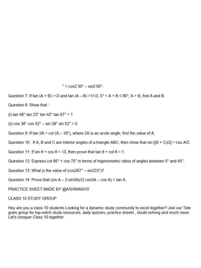 Introduction to Trigonometry Practice Sheet | PDF