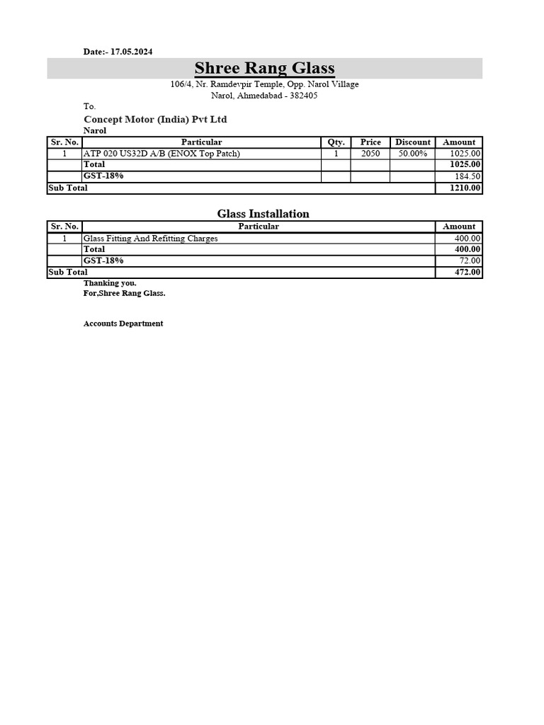 Invoice for Glass Installation Services | PDF