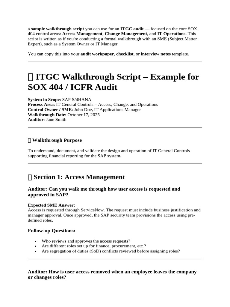ITGC Audit Walkthrough Script for SOX 404 | PDF | Audit | Backup