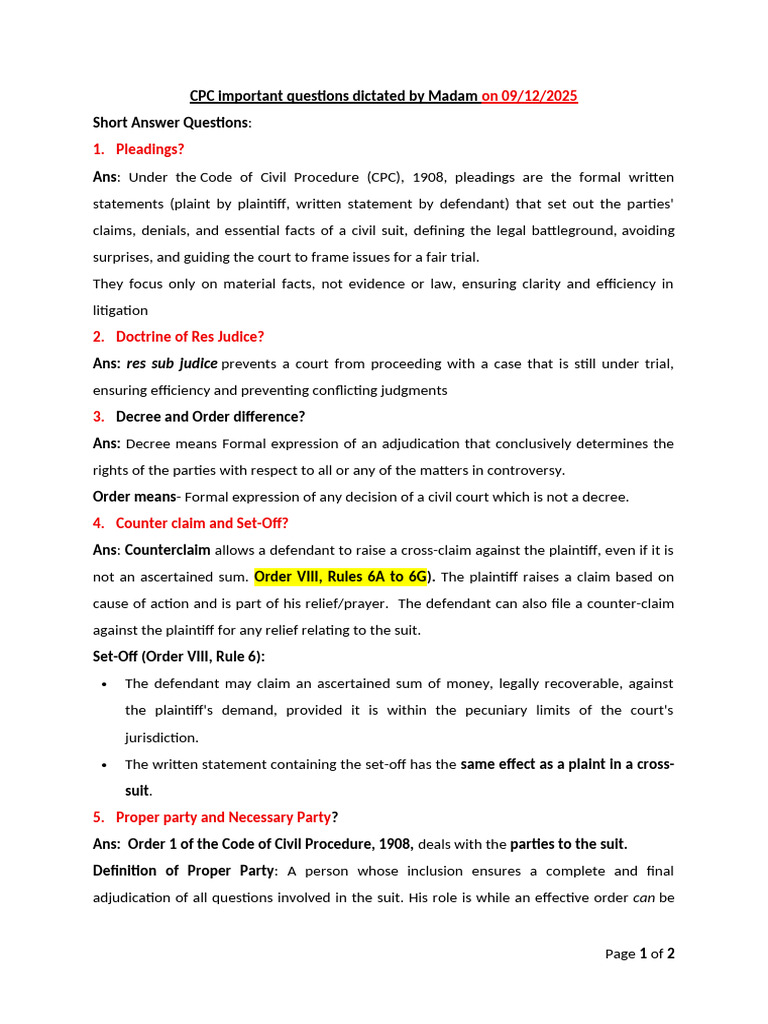 CPC Important Questions_091225 | PDF | Lawsuit | Legal Procedure