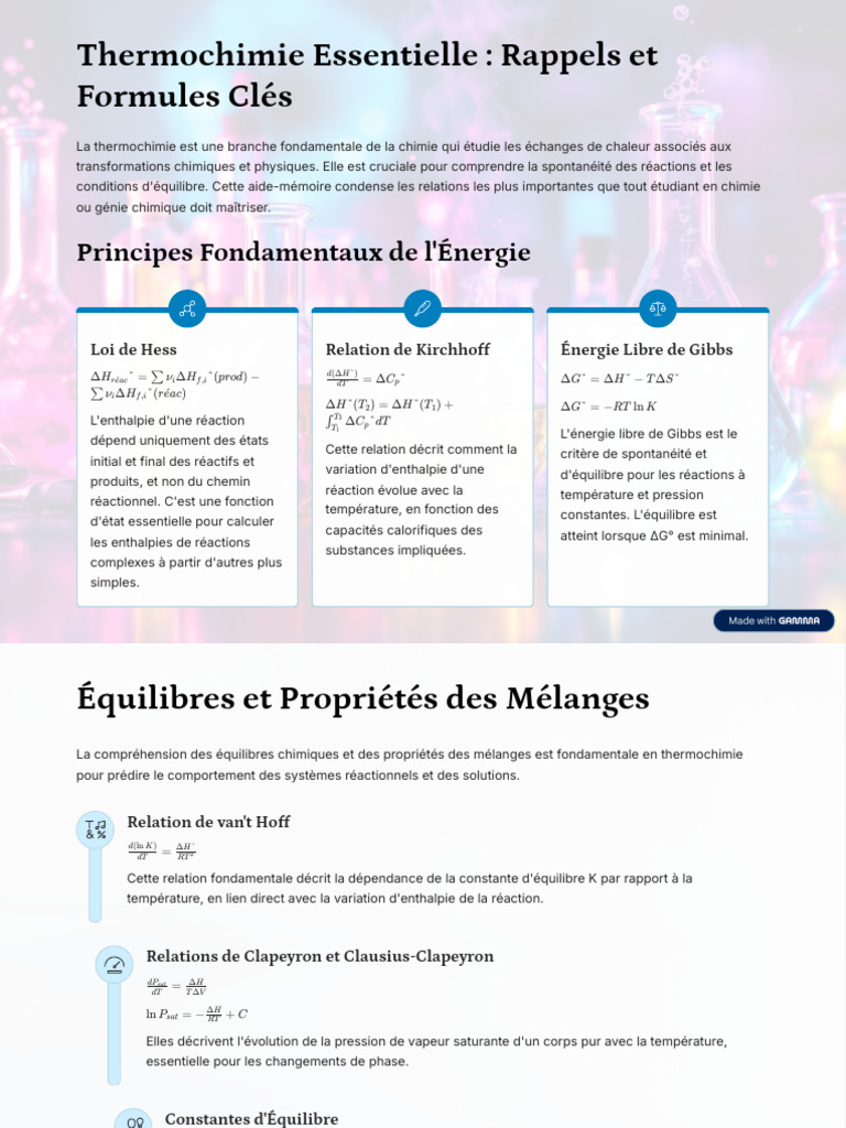 Thermochimie : Formules et Concepts Clés | PDF | Équilibre chimique ...