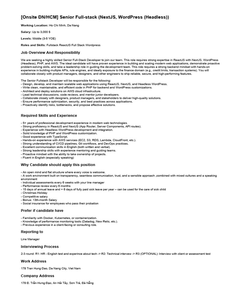 Senior Full-Stack Developer Job HCM/DN | PDF | Word Press | Amazon Web ...