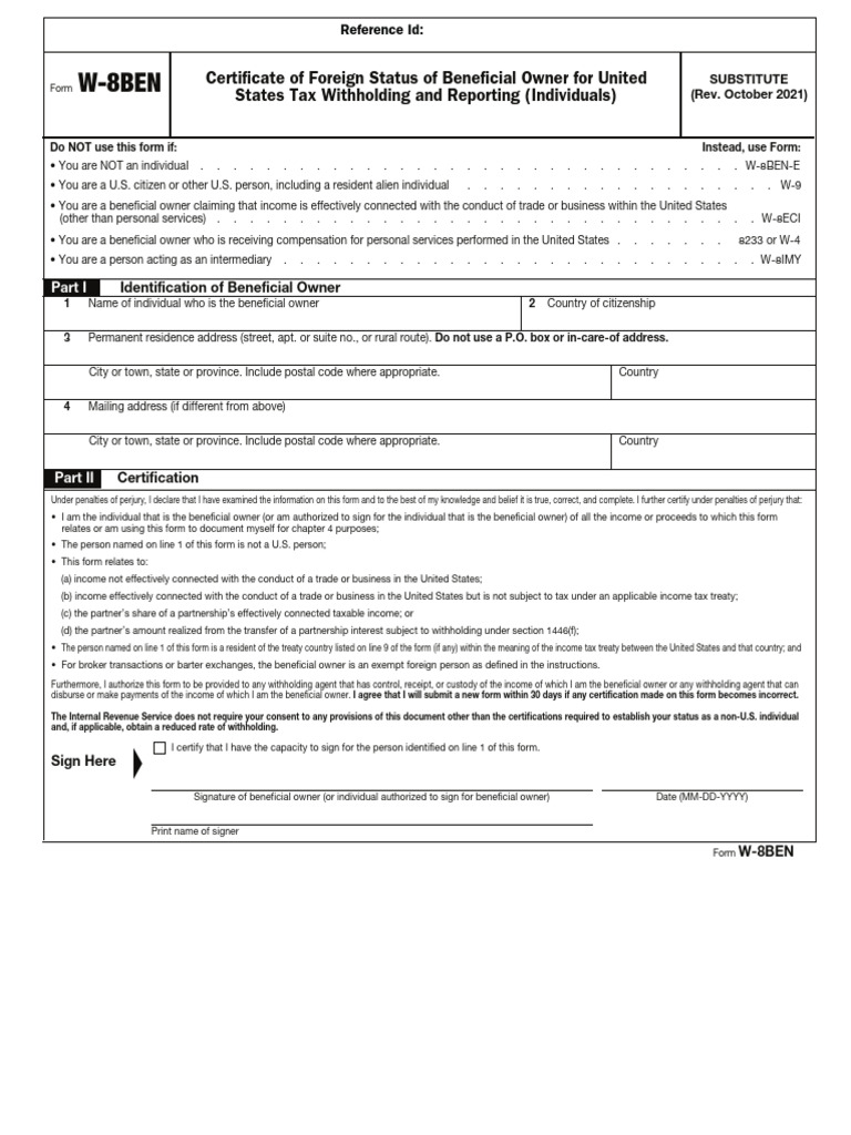 W-8BEN Form for Foreign Tax Status | PDF | Income Tax | Taxes