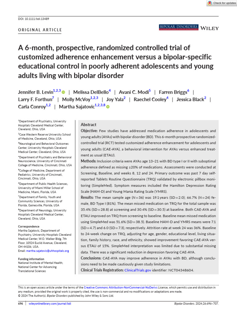 Bipolar Disorders - 2024 - Levin - A 6 Month Prospective Randomized ...
