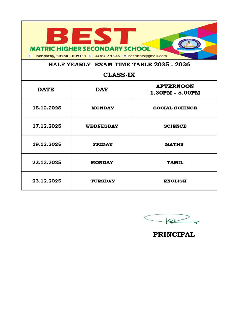 Class IX Half Yearly Exam Schedule 2025 | PDF
