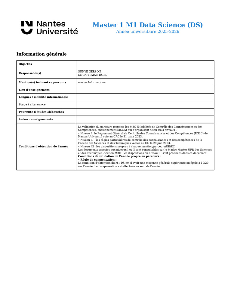 Master 1 Data Science 2025-2026 | PDF | Cadre de description des ...