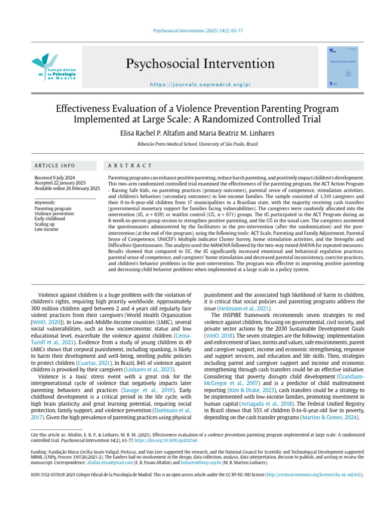 Effectiveness Evaluation of a Violence Prevention Parenting Program ...