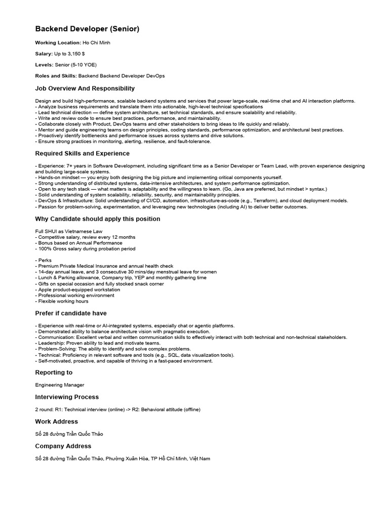 Senior Backend Developer in Ho Chi Minh | PDF | Computing