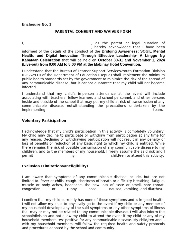 Parent Consent | PDF | Infection | Diseases And Disorders
