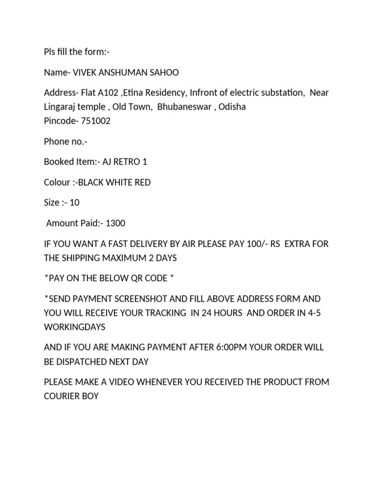 Order Form for AJ Retro 1 Shoes | PDF