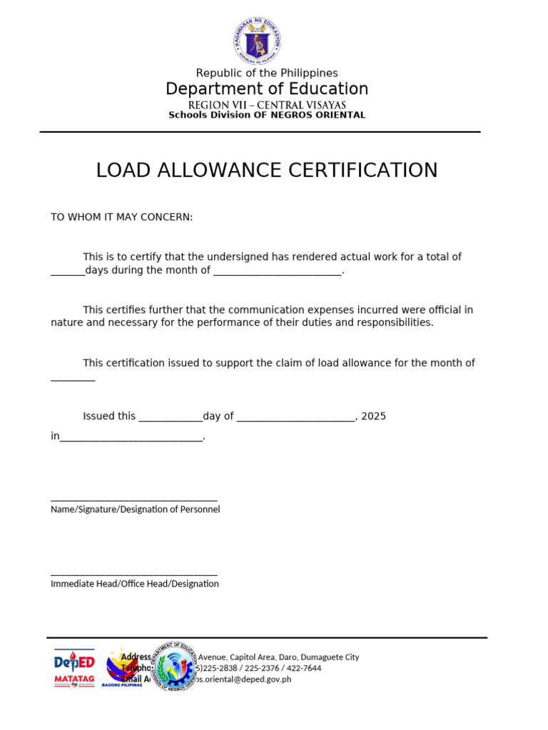 Load Allowance Certification | PDF