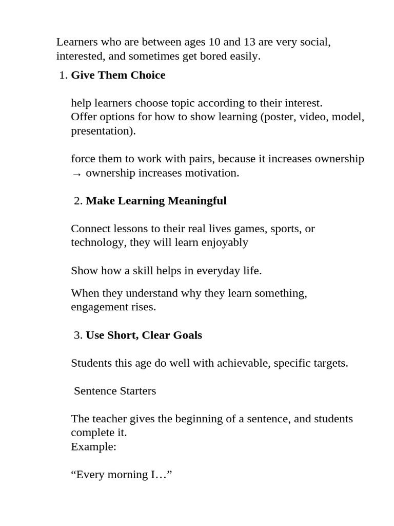 Engaging Strategies for Ages 10-13 Learners | PDF