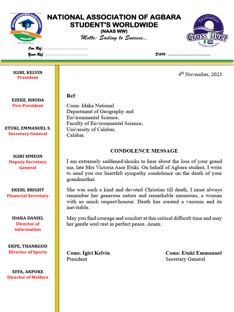 National Association of Agbara Student Condolence 2 | PDF
