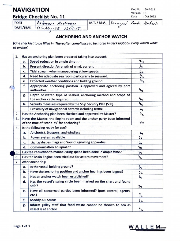 Anchoring Procedure Checklist for Vessels | PDF | Navigation | Shipping