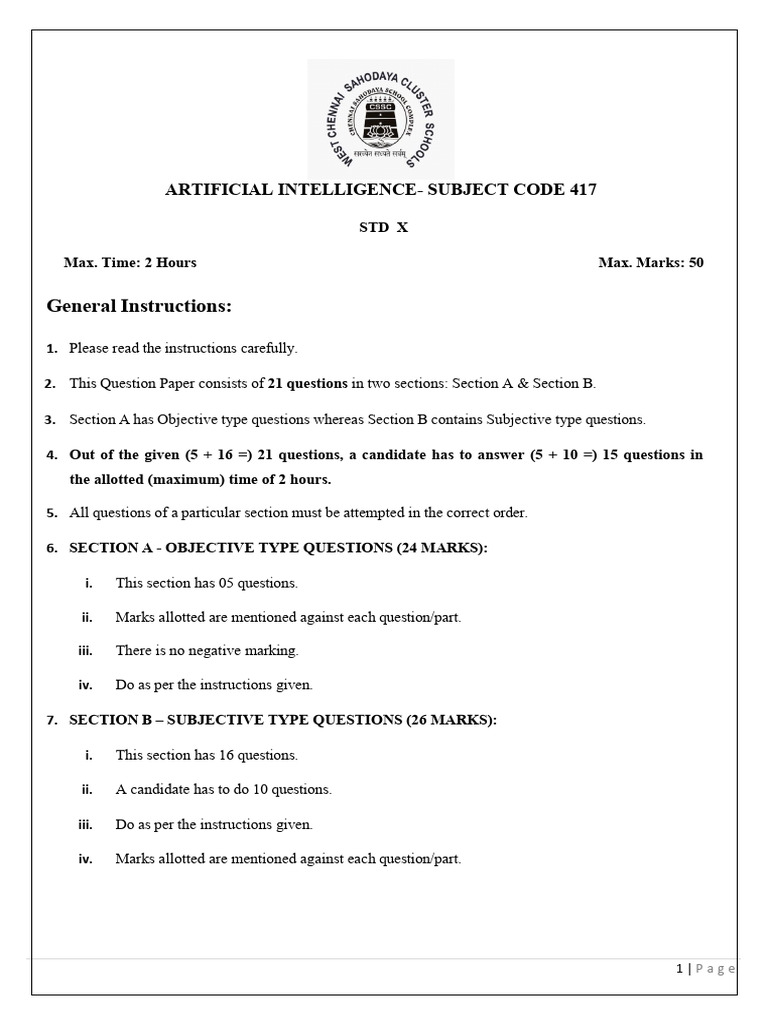 Class 10 AI Exam Question Paper | PDF | Artificial Intelligence ...
