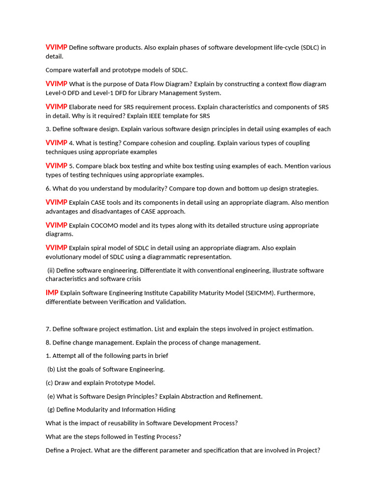 Software Engineering Imp Question | PDF | Software Development Process ...