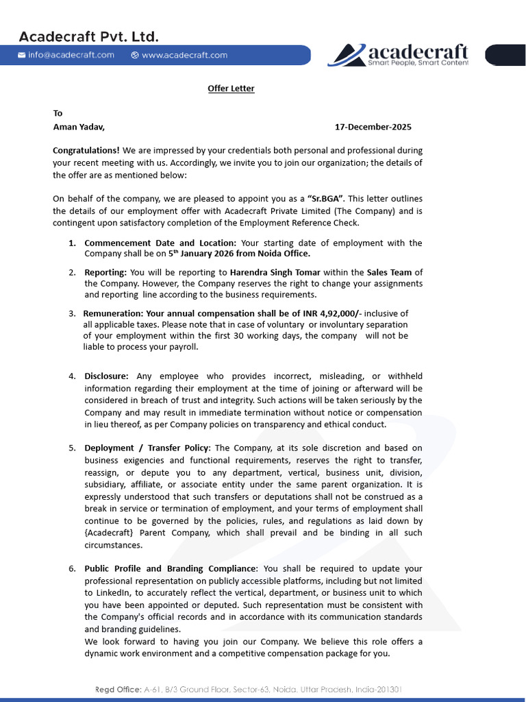 Acadecraft - Offer Letter - Aman | PDF | Business
