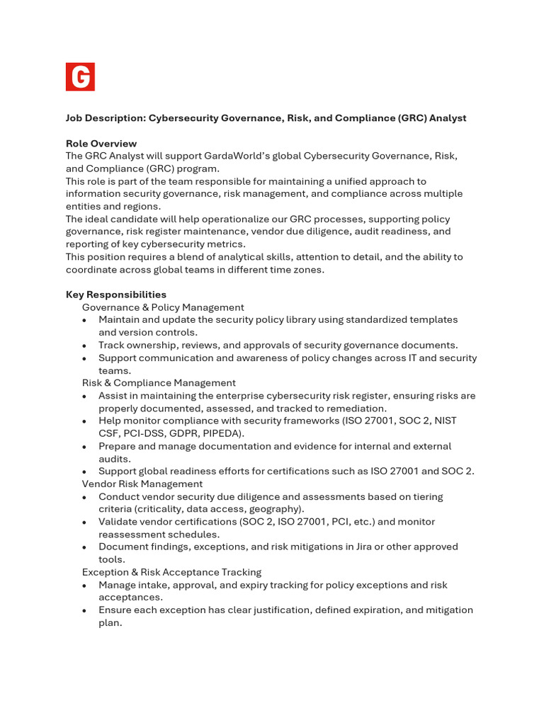 Job Description - GRC Analyst | PDF | Payment Card Industry Data ...