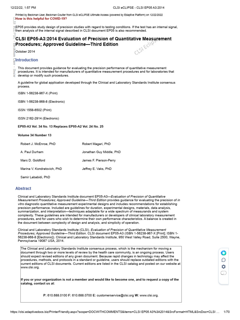 CLSI EP05-A3: Precision Measurement Guidelines | PDF | Standard ...