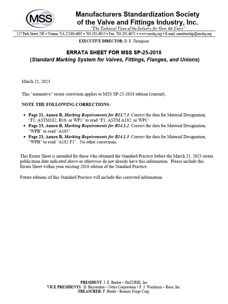 Ansi Mss Sp-25-2018 - Errata 2023 | PDF | Pipe (Fluid Conveyance) | Valve
