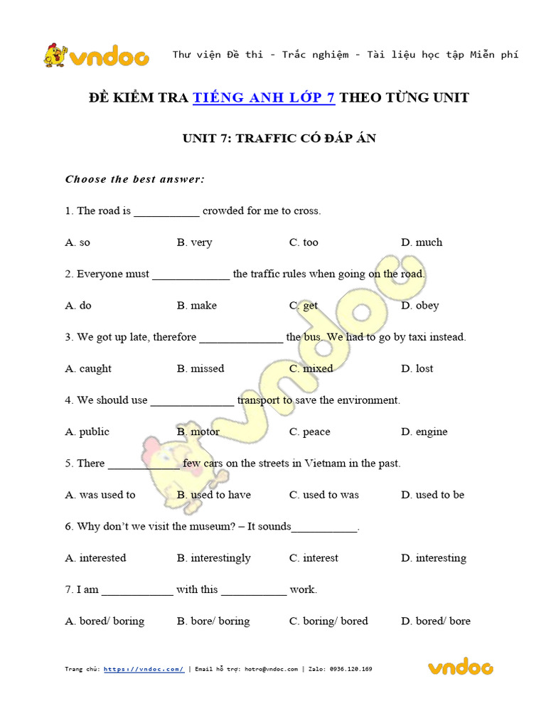 Đề Kiểm Tra Tiếng Anh Lớp 7 Miễn Phí | PDF | Traffic Light