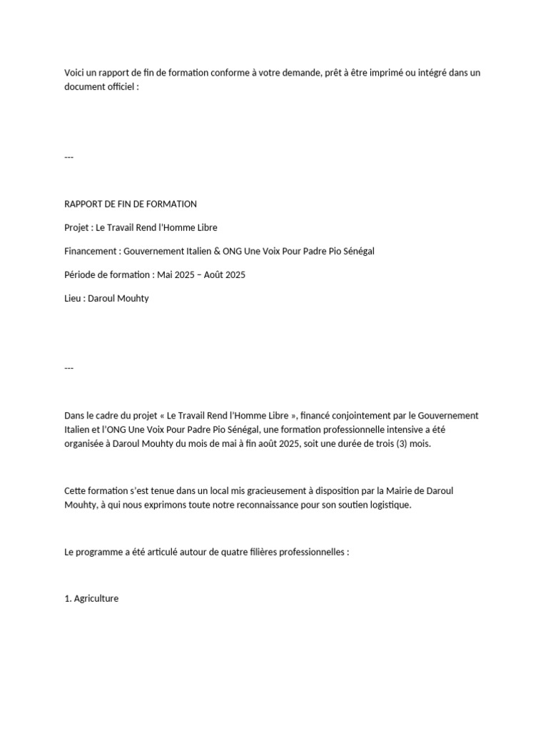 Rapport de Formation à Daroul Mouhty | PDF