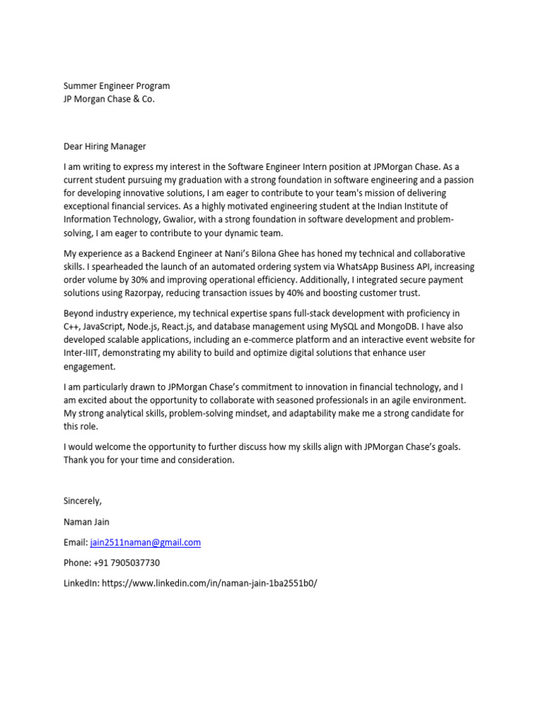JPMorgan Chase Software Engineer Intern Application | PDF
