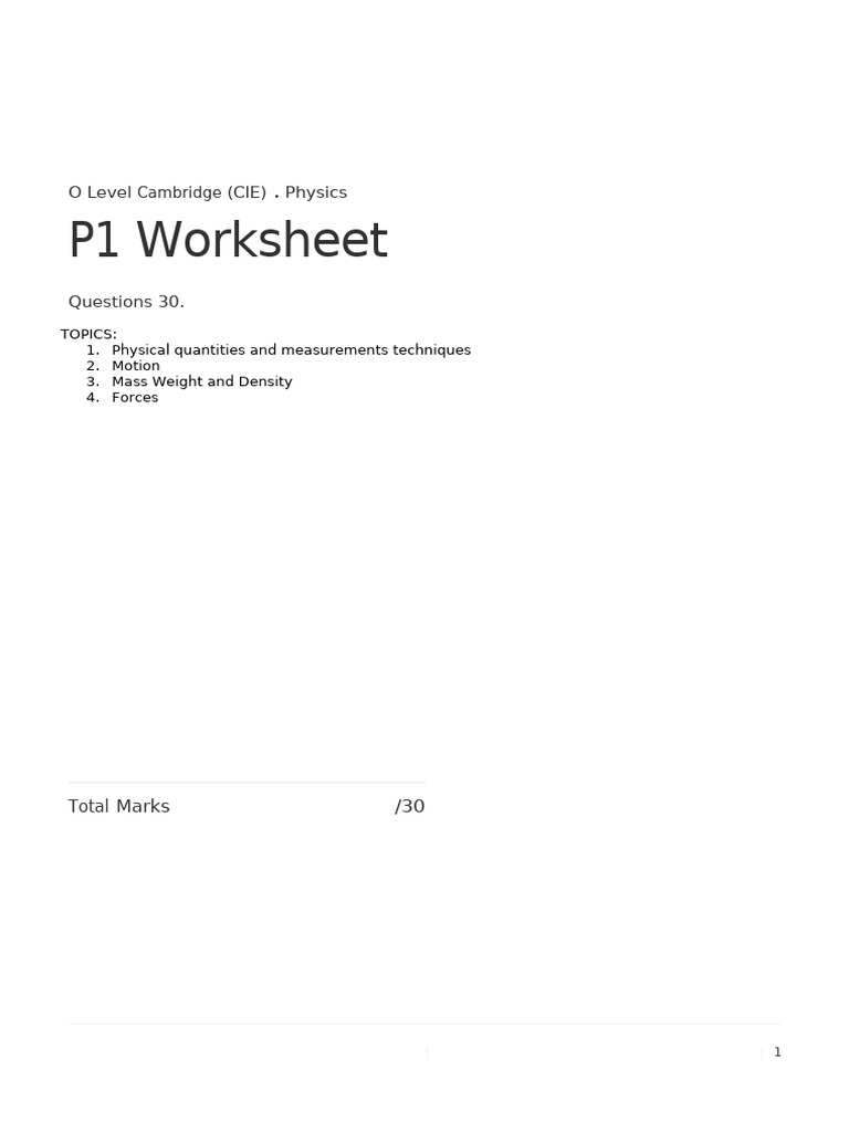O Level Physics P1 Worksheet Questions | PDF | Force | Weight