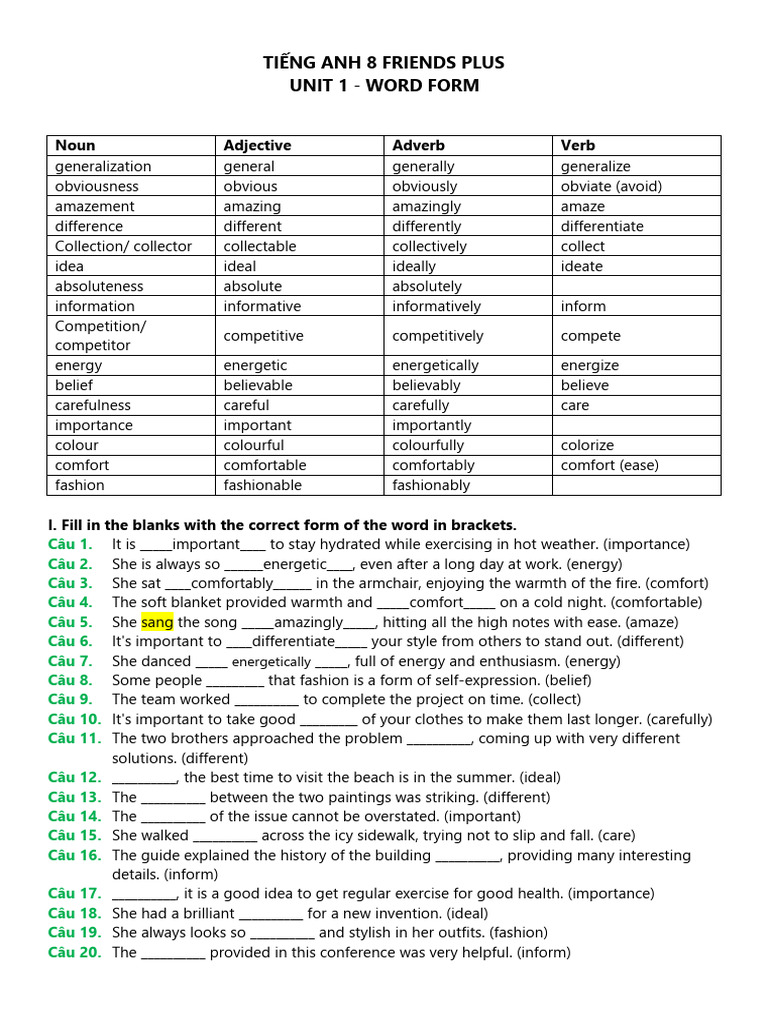 Word Forms Practice for English 8 | PDF | Adverb | Adjective